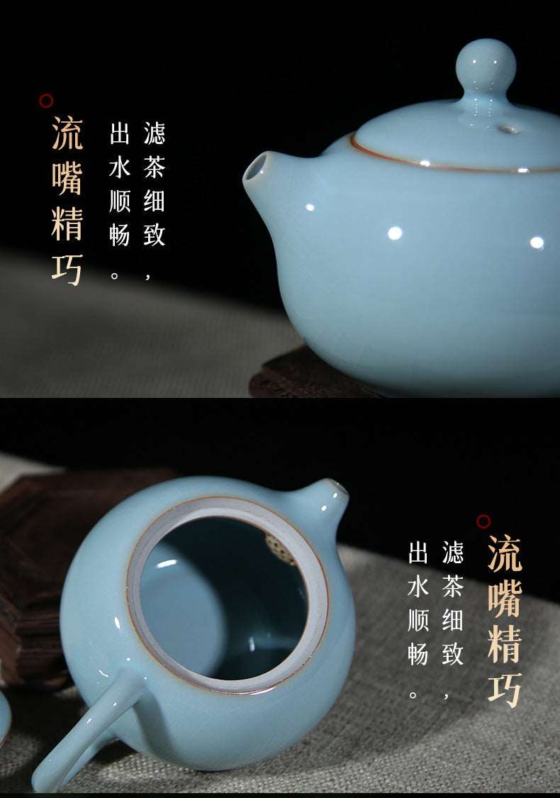 This set of Ru porcelain teapot sets as a whole presents a light and elegant sky-blue color, just like the sky after a rainstorm when it clears up. It's fresh and natural, giving people a sense of tranquility and far-reaching aspiration. The colors of the teapot and the teacups are uniform, and the glaze is smooth, warm and delicate, exuding a primitive, simple and elegant temperament, fully demonstrating the unique charm of Ru porcelain. 