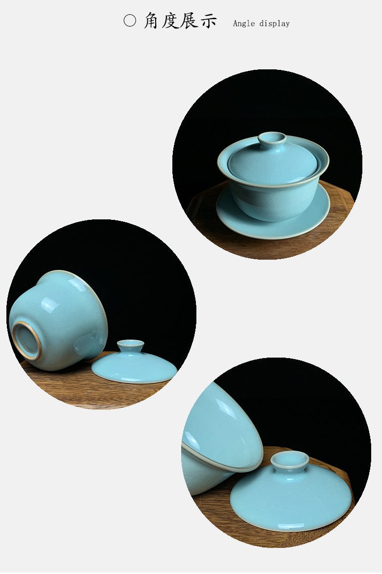 The Ru porcelain covered bowl with sky-blue glaze has a unique sky-blue glaze color that is as clear as the sky, fresh and elegant. The covered bowl as a whole has an open mouth, and the rim of the bowl is round and smooth, which is convenient for use. The body of the bowl bulges slightly outward, with graceful lines and a rhythmic sense, showing the unique charm of Ru porcelain. 